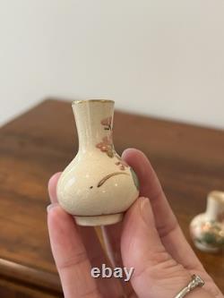 Pair Hand Painted Floral Satsuma Pottery Miniature Vases Signed Japanese Asian