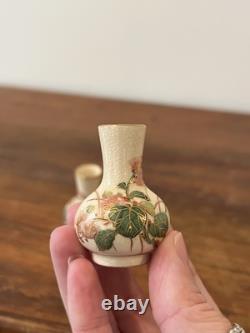 Pair Hand Painted Floral Satsuma Pottery Miniature Vases Signed Japanese Asian