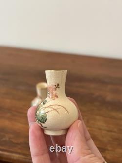 Pair Hand Painted Floral Satsuma Pottery Miniature Vases Signed Japanese Asian