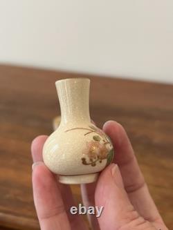 Pair Hand Painted Floral Satsuma Pottery Miniature Vases Signed Japanese Asian