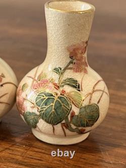 Pair Hand Painted Floral Satsuma Pottery Miniature Vases Signed Japanese Asian