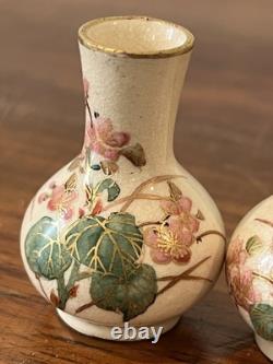 Pair Hand Painted Floral Satsuma Pottery Miniature Vases Signed Japanese Asian