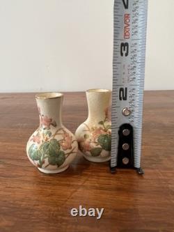 Pair Hand Painted Floral Satsuma Pottery Miniature Vases Signed Japanese Asian