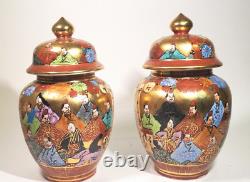 Pair Hand Painted Japanese Porcelain Satsuma Jars Colorful Figures Gilt Signed