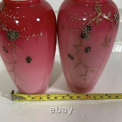 Pair Harrach Pink Glass Vases Signed Enamelled Dragonfly 6 15cm 1880 Antique