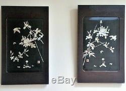 Pair Japanese Antique Shibayama Panels Inlaid Mother of Pearl Meiji Signed 1900