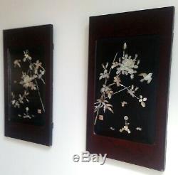 Pair Japanese Antique Shibayama Panels Inlaid Mother of Pearl Meiji Signed 1900