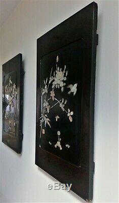 Pair Japanese Antique Shibayama Panels Inlaid Mother of Pearl Meiji Signed 1900