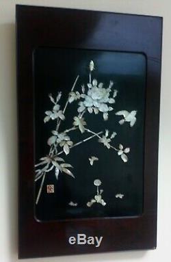 Pair Japanese Antique Shibayama Panels Inlaid Mother of Pearl Meiji Signed 1900