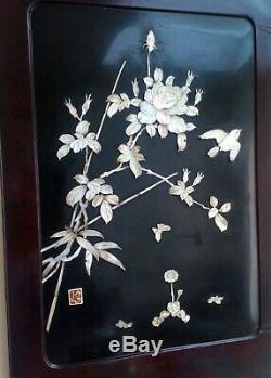 Pair Japanese Antique Shibayama Panels Inlaid Mother of Pearl Meiji Signed 1900