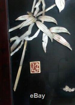 Pair Japanese Antique Shibayama Panels Inlaid Mother of Pearl Meiji Signed 1900