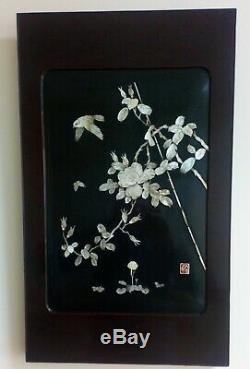 Pair Japanese Antique Shibayama Panels Inlaid Mother of Pearl Meiji Signed 1900