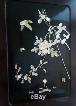 Pair Japanese Antique Shibayama Panels Inlaid Mother of Pearl Meiji Signed 1900