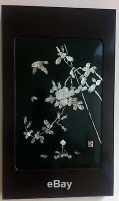 Pair Japanese Antique Shibayama Panels Inlaid Mother of Pearl Meiji Signed 1900