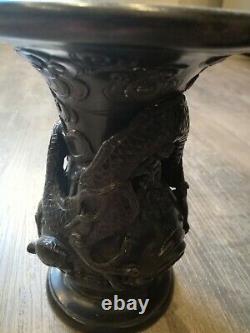 Pair Japanese Bronze Vases Meiji Period Decorated With Dragons & Turtles Signed