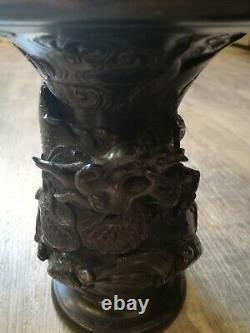 Pair Japanese Bronze Vases Meiji Period Decorated With Dragons & Turtles Signed