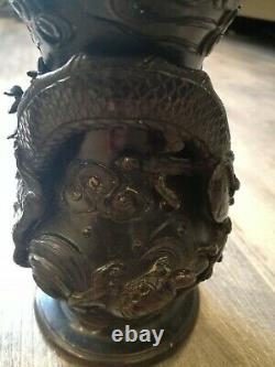Pair Japanese Bronze Vases Meiji Period Decorated With Dragons & Turtles Signed