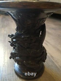 Pair Japanese Bronze Vases Meiji Period Decorated With Dragons & Turtles Signed