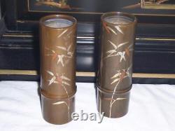 Pair Japanese Meiji Period Signed Bronze Bamboo Vases With Silver Inlay