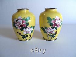 Pair Japanese Sato Cloisonne Miniature 3.75 Vases, Signed On Base