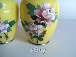 Pair Japanese Sato Cloisonne Miniature 3.75 Vases, Signed On Base