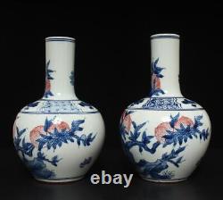 Pair Kangxi Signed Antique Chinese Blue & White Porcelain Vase with peach