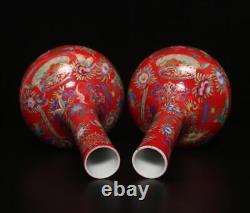 Pair Kangxi Signed Antique Chinese Famille Rose Red Galze Vase Withbat