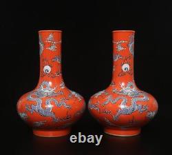 Pair Kangxi Signed Antique Chinese Famille Rose Red Galze Vase Withdragon