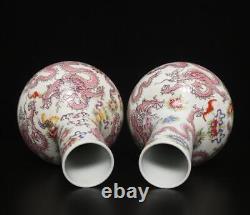 Pair Kangxi Signed Antique Chinese Famille Rose Vase Withdragon