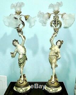 Pair L & F MOREAU SIGNED Figural Table Lamps French Art Nouveau Lady & Man 40