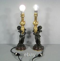 Pair Lamps Putti Holders Water Sculptures Bronze Antique Signed Auguste Moreau