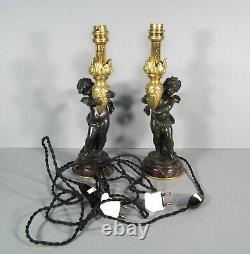 Pair Lamps Putti Holders Water Sculptures Bronze Antique Signed Auguste Moreau