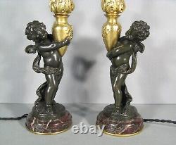 Pair Lamps Putti Holders Water Sculptures Bronze Antique Signed Auguste Moreau