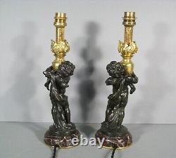 Pair Lamps Putti Holders Water Sculptures Bronze Antique Signed Auguste Moreau