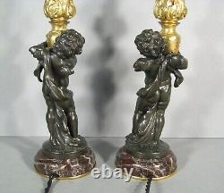 Pair Lamps Putti Holders Water Sculptures Bronze Antique Signed Auguste Moreau