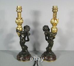 Pair Lamps Putti Holders Water Sculptures Bronze Antique Signed Auguste Moreau