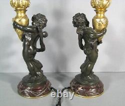 Pair Lamps Putti Holders Water Sculptures Bronze Antique Signed Auguste Moreau