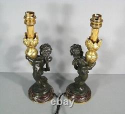 Pair Lamps Putti Holders Water Sculptures Bronze Antique Signed Auguste Moreau