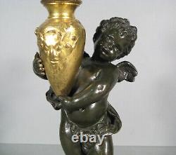 Pair Lamps Putti Holders Water Sculptures Bronze Antique Signed Auguste Moreau