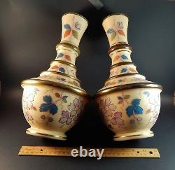 Pair Large Antique Handpainted Bristol Bohemian Glass Vases Signed TR 12