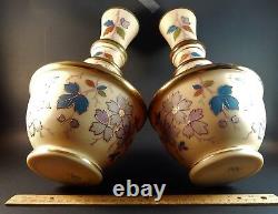 Pair Large Antique Handpainted Bristol Bohemian Glass Vases Signed TR 12