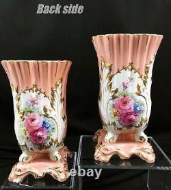 Pair Limoges Vases 2 Pink Mantle Vases Hand Painted Signed Antique