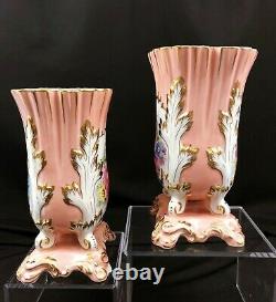 Pair Limoges Vases 2 Pink Mantle Vases Hand Painted Signed Antique
