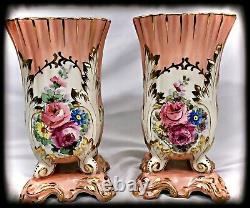 Pair Limoges Vases 2 Pink Mantle Vases Hand Painted Signed Antique