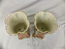 Pair Limoges Vases 2 Pink Mantle Vases Hand Painted Signed Antique