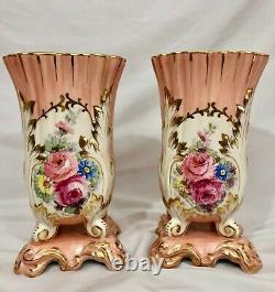 Pair Limoges Vases 2 Pink Mantle Vases Hand Painted Signed Antique