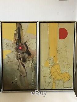 Pair MID Century Modern Abstract Oil Painting 1960s Expressionist Expressionism