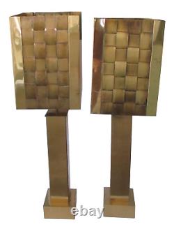 Pair Mid-Century Modern Curtis Jere Signed Brass Lamps with Basketweave Shades