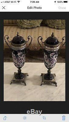 Pair OF Vases Vintage Style Gilt Bronze COBALT Hand Paint Floral Italian Signed
