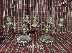 Pair Of 10 1/2 Antique Glass 3 Light Candelabras Rock Crystal Inserts Signed